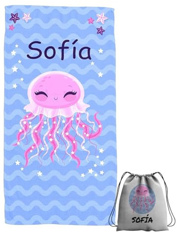 ZPUBLI+ Toallas de Playa o Ducha Personalizadas con Nombre o Frases. Toallas Infantiles, Regalo Infantil Original para baño, Piscina, Playa, Camping. Varias Medidas. (Medusa, 30x50)