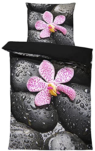 one-home 4 teilig Wende Bettwäsche 135x200 cm Steine schwarz Relax Zen Mikrofaser Set