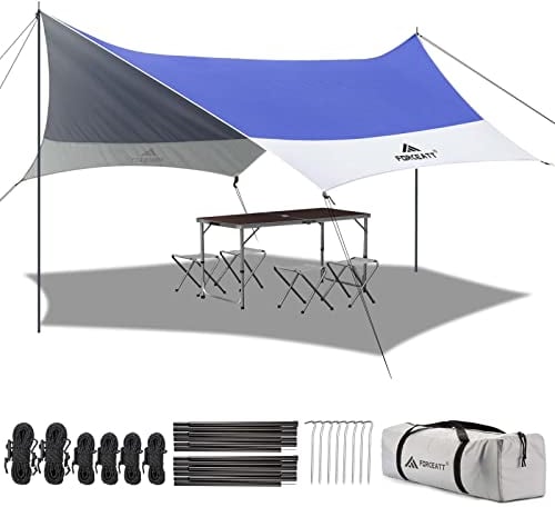 Forceatt Bâche Anti-Pluie 2 Poteaux, 3.7 x4.3m Camping Bâche Imperméable Anti-UV (UPF50+), Tarp Rain Peut être Utilisé avec Tente et Hamac dans Le Camping,La Randonnée, La Randonnée et Le Jardin.