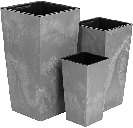 botle Set di 3 vasi per fiori, altezza 50/55/61 cm, trapezio alto, grigio chiaro, struttura in cemento, vaso in plastica, quadrato