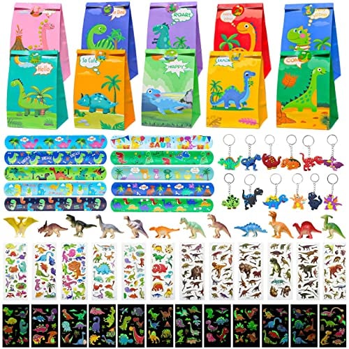 Dino Party Mitgebsel Kindergeburtstag, Party Gastgeschenke Kinder, Give Aways Kindergeburtstag Jungen mit Dino Schlüsselanhänger Schnapparmband Geschenktüte Mini Dinos Figuren und Tattoo Aufkleber