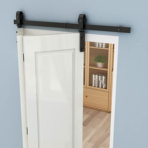CCJH 5FT/152cm BI-Faltbar Schiebetürbeschlag Set Laufschienen für 2-Türen Schiebetür Schiebetürsystem Hängeschiene Holz (Keine Tür)