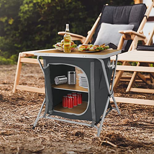 ECD Germany Armario de Cocina Plegable para Camping 64x60x45 cm Madera-Negro Caja con Estructura de Aluminio y Tela para Exteriores Mesa Auxiliar Portátil con Encimera 2 Estantes y Bolsa de Transporte