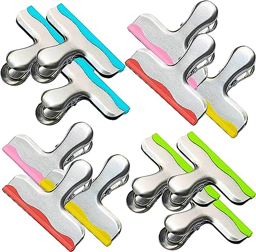 YARALL Metall-Clips mit Silikonkanten, robuste Beutelklammern für Lebensmittelverpackungen, Küche, Büro, farbkodiert, luftdichte, extra starke Klemmen, 7,6 cm breit, 12 Stück