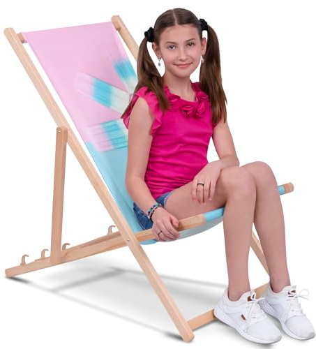 DreamRoots Kinder Liegestuhl Holz Gr. M, Icecream | Klappbarer Campingstuhl faltbar, für Garten & Strand, bis 130 kg, waschbarer Bezug, 100% Polyester, UV-beständig, Kinderliege