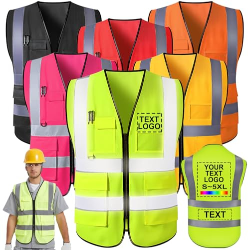 FwSYouMAI Sicherheitsweste mit Logo/Name bedruckt, 5 Taschen, reflektierend, hohe Sichtbarkeit, grün, S