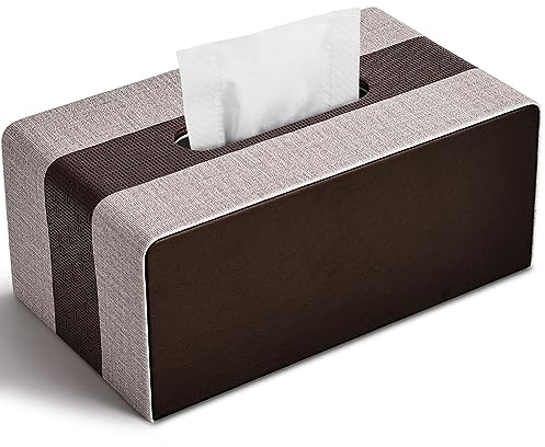 LADSTAG Kosmetiktücher Box Taschentuchspender aus PU Leder, Taschentuchbox Taschentücher Box Spender Tücherbox Tissue Box Cover Rechteckige, L×B×H: 25 × 13,7 × 9,4 cm (Dunkelbraun & Grau)