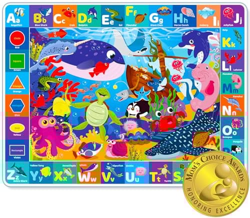 QUOKKA Baby Play Mat For Floor - 112x150 cm Ocean ABC Rug For Kids - Extra Thick (0.8cm) - Non-Slip Padded Nursery Mat for Crawling & Fun - Toddlers & Infants Foldable Gift Rug