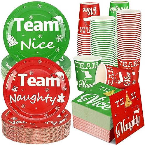 Skylety 200 Pcs Christmas Party Supplies Team Naughty or Nice Tableware Set Red Green Paper Disposable Dinnerware Serve 50 9'' Plates 9oz Cups 100 Napkins for Xmas Birthday Baby Shower