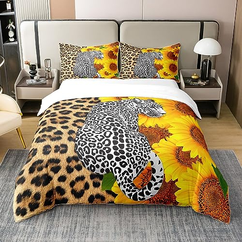 Leopard 100% Natürliche Baumwolle Bettbezug 200x200,Afrika Safari Geparden Bettwäsche Set,Bauernhaus Sonnenblumen Tröster Abdeckung,Valentinstag Bett Sets mit 2 Kissenbezüge Heim Raum Dekor Komfort