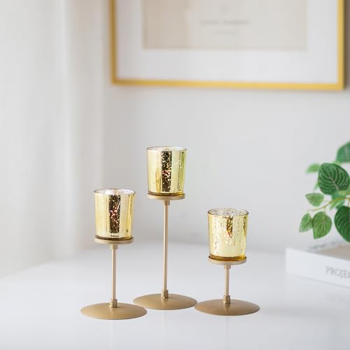 Sziqiqi Gold Teelichthalter Kerzenständer mit Gefleckter Teelichtgläser, Windlicht Votivkerzenhalter Deko für Hochzeit Party Tischdeko, 3 Stück