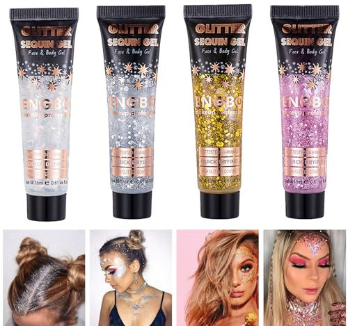 EnMart Lot de 4 gels pailletés dorés pour le visage, le corps, les ongles, le visage, les ongles, le visage, les paillettes, le corps, le visage, les paillettes pour le corps, fard à paupières liquide