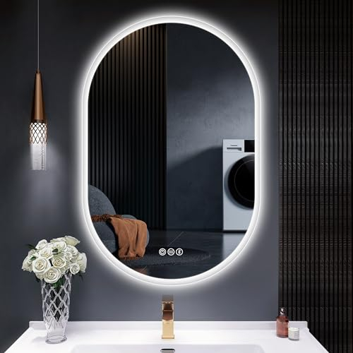 S'bagno Badspiegel-mit-Beleuchtung 60x90cm, Oval-Badezimmerspiegel-mit-Beleuchtung und Bluetooth, Entfoggen, 3000K/4000K/6500K, IP44-Bad-Spiegel-mit-Licht und Speicherfunktion, Horizontal/Vertikal