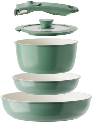 Redchef Green Ceramic Cookware Set, 5-Piece, Non-Toxic, Detachable Handles, Oven & Dishwasher Safe, Stackable, Space-Saving, PFAS & PTFE & PFOA Free