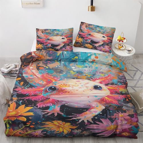 zcwl Axolotl Bettwäsche 140x200 Sommer, Wildes Tier Bettbezug Set 2 teilig, Weiche Kuschelige Mikrofaser Bettwäsche-Sets, Wendebettwäsche und 1 Kissenbezug 70x90 mit Reißverschluss