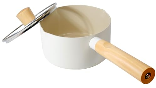 wellhouse 1.9 QT Small Ceramic Saucepan with Lid Ceramic Milk Pan with Glass Lid Small Pot Induction Milk Pot Wood Handle PFOA Free(Beige)