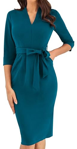 GRACE KARIN Robe Fourreau Femme Mi-Longue Col V Manches 3/4 Robe de Bureau Chic avec Ceinture Amovible Bleu Canard XXL