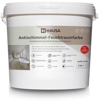 Hausa Anti Schimmel Farbe weiß Feuchtraum Wandfarbe hochdeckende Spezialfarbe für Keller Bad Küche dauerhafter Schutz gegen Schimmel an feuchten Oberflächen anwendbar atmungsaktiv abwaschbar, 3kg