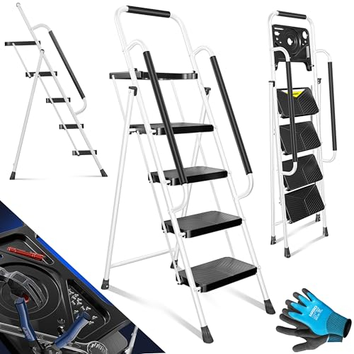 MASKO® Trittleiter Klappleiter 4 Stufen-Leiter mit Handläufen Stufenleiter belastbar bis 150 kg Tritthocker Anti-Rutsch | Klapptritt Leiter + Handschuhe Werkzeugablage & automatisches Schloss, Weiß