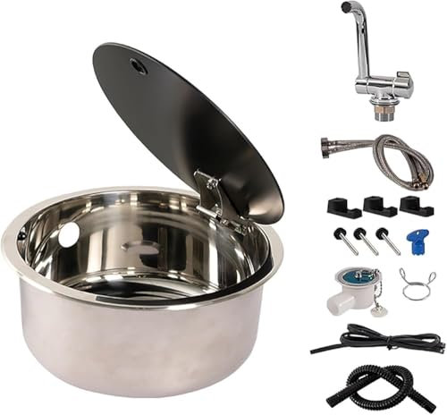 Petit évier de cuisine en acier inoxydable, kit d'évier de camping-car avec robinet pliable et couvercle, accessoires de camping-car (taille : rond)