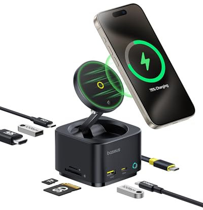 Baseus Stazione di Ricarica USB C Magsafe, Caricatore Wireless 7 in 1 da 15 W per Magsafe, Hub USB C con 4K@60Hz HDMI, 100 W PD, 10 Gbps compatibile con iPhone 16/15 / Mac/Dell/HP/Superficie