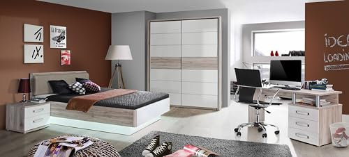 Jugendzimmer Rondino 4-teilig – Komplettset in Sandeiche Weiß mit 2-türigem Schwebetürenschrank, Jugendbett 140x200 cm, Schreibtisch, Nachttisch, hochwertige Materialien und Verarbeitung