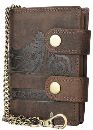 Manza Echt Leder Biker Geldbörse Portemonnaie Geldbeutel Leder mit RFID Schutz Hochformat (Bike, Braun)