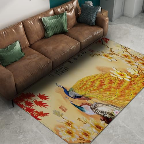 Via Vela Teppich im orientalischen Stil Edler und eleganter Goldener Pfau und weiße Magnolienblüten und rote Ahornblätter Rutschfester flachfloriger dünner Teppich 180x300cm