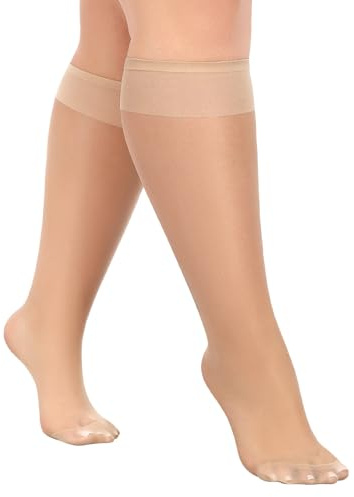 MANZI 10 Pairs Plus Size Knee High Stockings for Women 15D Sheer Nylons Socks with Wide Calf, Natural