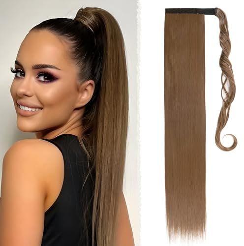 Benehair Lang Glattes Pferdeschwanz Haarteil Synthetik Haarverlängerung Zopf Ponytail Extension Haarteil Zopf Mittelbraun Haar Extension für Damen Mädchen Mittelbraun 66cm
