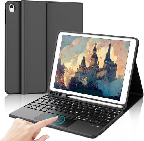 IVEOPPE Funda Teclado para iPad 9/8/7 generacion 10.2/Air 3 10.5/Pro 10.5 con Touchpad, Teclado Trackpad Español Ñ QWERTY Bluetooth Desmontable para iPad 2021/2020/2019, Negro