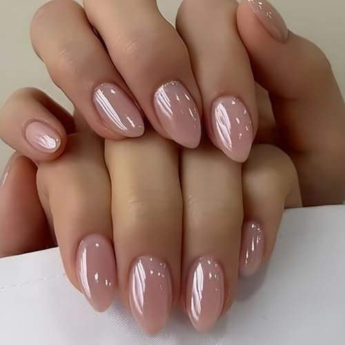 KQueenest Chrome Nude Pink Press on Nails Short Almond Glazed Glitter False Nails Medium, Luxury Design Acrylic Fake Nails Set with Bling Mirror Effect Stick on Nail for Women Finger Decoration 24 Pcs