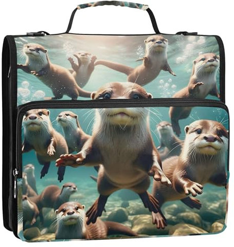 Cute Otters Under Water Zip up Binder Organizer 3 Ring Binders 1.5 Inch D Ring Binders with Strap Middle School Bag Portfolio Hold 500 Sheets Holder