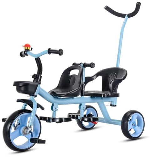 Generisch Tandem-Dreirad, Doppelsitze mit Sicherheitsgurten, Rücksitz mit Armlehne, Dreirad zum Schieben für Eltern, Aufsitzfahrrad mit Pedalen, 3-Rad-Fahrrad