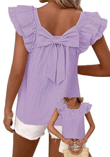 TUUHAW Top Damen Sommer Kurzarm Bluse T-Shirt Süße Rücken-Schleife Tunika | Süße Oberteile Rundhals, Bluse mit Rüschen, Lässige Outfits, Chiffon Puffärmel, Kühl wie ein Ärmelloses Top