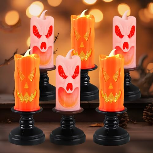 Taozoey Halloween Kerzen, 6 Halloween Deko Kerzen Flammenlose, Deko Kürbis Laterne, LED Kerzen Outdoor Teelichter, Kerzenhalter Lampe Tischdekorationen
