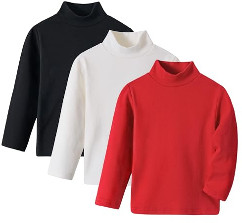 Volunboy 3 Pack Unisex Toddler Cotton Long Sleeve Turtleneck Shirts Pullover Blouse Top for Girl Boys 1-6 Years(Tag Size 90,18-24 Months,Red White Black
