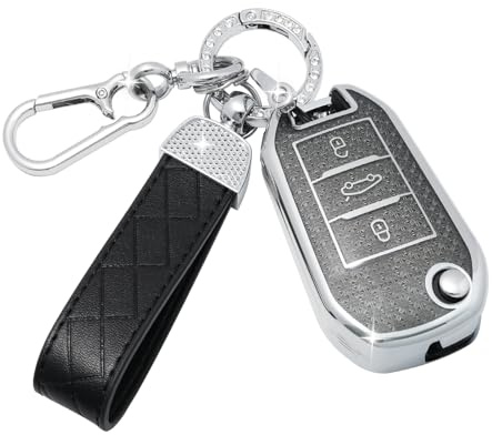 SparkleJoy Coque Clé Voiture TPU avec un Porte-Clés en Cuir,Etui Clé Étui Clé Compatible avec Flip Key