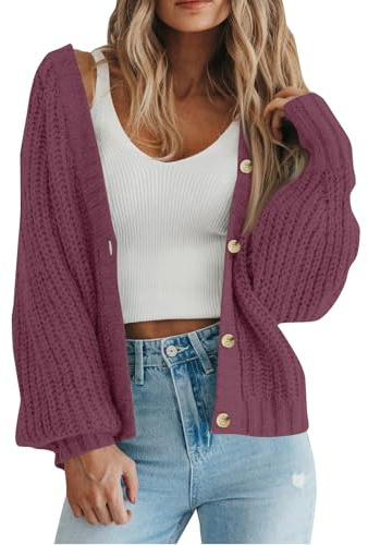 Placitiume Cardigan corto da donna a maglia grossa, aperto sul davanti, a maniche lunghe, vestibilità larga