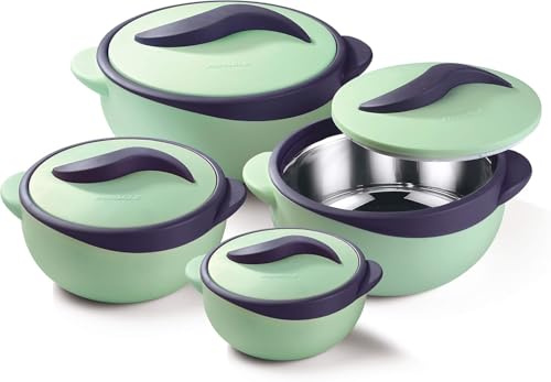AHOO 4pc Round Heat Insulated Food Storage Hot Pot Food Warmer/Cooler with Lid–Thermal Soup/Salad Serving Bowl- Stainless Steel Hot Food Container Best Gift Set Holidays Pinnacle Parisa (Matt Green)