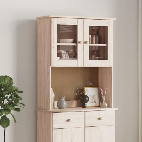 Ordellia ALTA Sideboard-Aufsatz 77x30x92 cm, Massivholz Kiefer unbehandelt, Vitrinen-Aufsatz mit Glastüren für Kommode, Anrichte, Buffet, Küchenschrank
