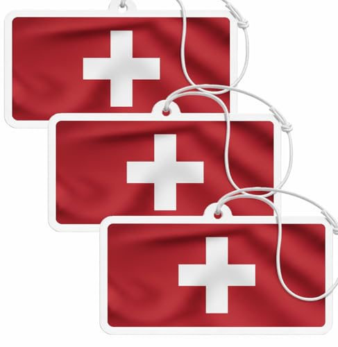 Lot de 3 désodorisants pour voiture - Drapeau national - Pendentif - Black Ice, Vanilla & New Car, parfum longue durée pour la voiture ou la maison - Accessoire parfumé élégant - Suisse