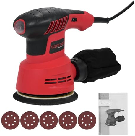 Random Orbital Sander 300W 13000RPM Electric with 6 Variable Speeds Palm with 5Pcs Sandpapers and Dust Bag Speed Control(Red)