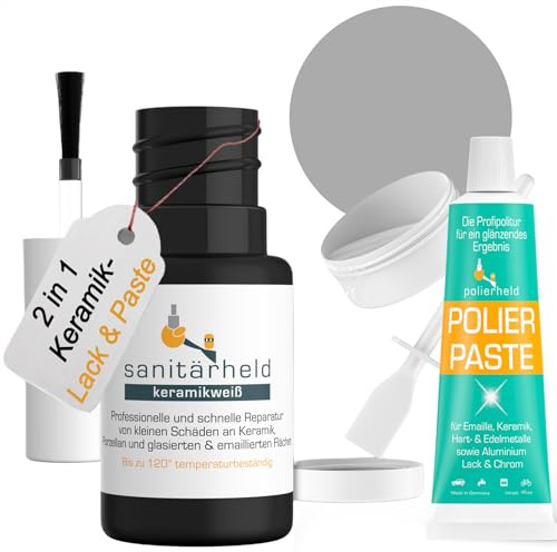 Emaille Reparaturset Lackstift Grau, gegen Schäden als Fliesen Reparaturset, Keramikpaste – Bad & Sanitär Lack als Fliesenfarbe, für Waschbecken & Fliesen (Grau Emaillelack + Polierpaste)