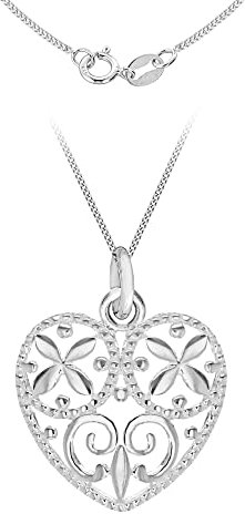 Tuscany Silver Women's Sterling Silver Filigree Heart Pendant on Adjustable Curb Chain Necklace 41cm/16-46cm/18