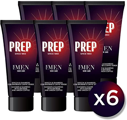 Prep, Revitalisierende Dusche und Shampoo mit Baobab-Extrakt und grünem Kaffee-Extrakt - Packung mit 6 x 200 ml