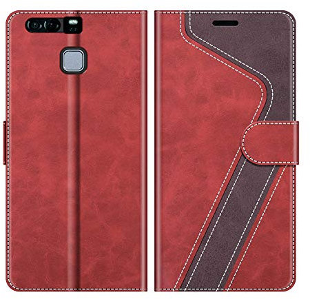 MOBESV Hülle für Huawei P9 Handyhülle, Lederhülle mit Kartenfach, Klapphülle mit Ständer, Flip Case Handytasche Schutzhülle, Modisch Rot