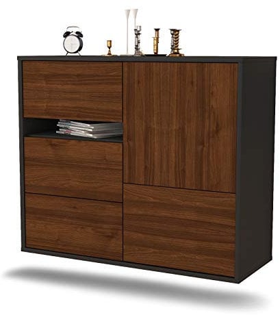 Dekati Sideboard Ontario hängend (92x77x35cm) Korpus anthrazit matt - Front Holz-Design Walnuss - Push to Open
