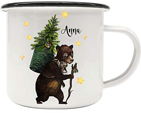 ilka parey wandtattoo-welt Emaille Becher Camping Tasse Winter Bär Tannenbaum & Name Wunschname Kaffeetasse Weihnachten Geschenk eb472