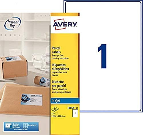 AVERY - 15 Étiquettes Adresse Autocollantes Blanches Personnalisables - Format 199,6 x 289,1 mm - Impression Jet d'Encre
